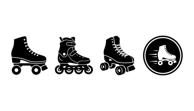 Roller skate and inline skate silhouette icon set vector with quad rollerblades speed badges and extreme sports symbols.