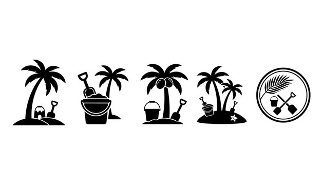 Summer beach vacation icon set vector with palm tree sand bucket shovel sandcastle and tropical island holiday symbols.