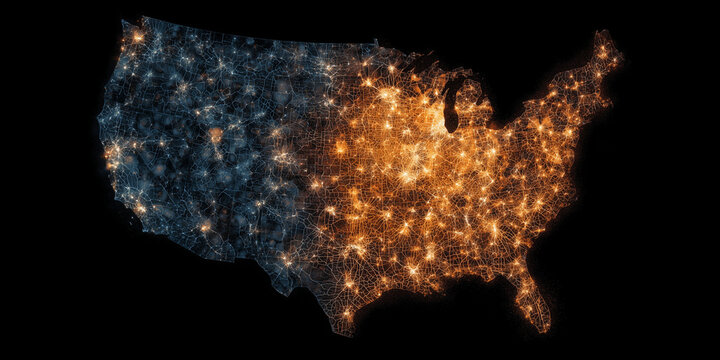 Stunning visualization of the united states population density and economic outlook through a network of lights and connections