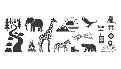 Fototapeta premium Outdoor adventure and safari wildlife icon set including forest trees, a campfire, wild animals, and a travel map.