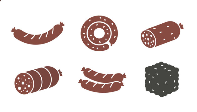 Variety of sausage and meat icons including sliced salami, hot dogs, circular sausage, and minced meat in flat vector illustration.