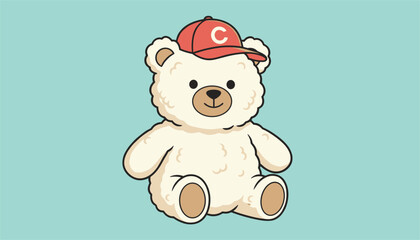 Fototapeta premium Cute white fluffy teddy bear wearing a red baseball cap with a white letter C, sitting on a solid teal background.