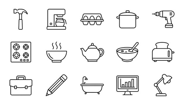 Kitchen Appliances Home Improvement Tools and Office Workspace Icon Set in Line Art Style for Mobile Apps Web Interface and Infographic Graphic Designs