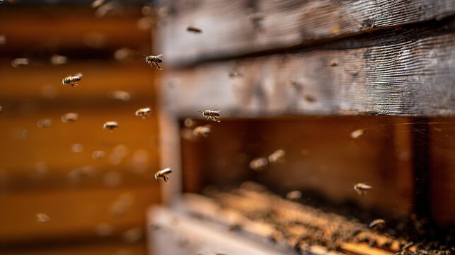 rapidly. Close-up of a beehive entrance with blurred motion of bees. wildlife magazines, conservation campaigns, designed for wildlife conservation campaigns, celebrates biodiversity.