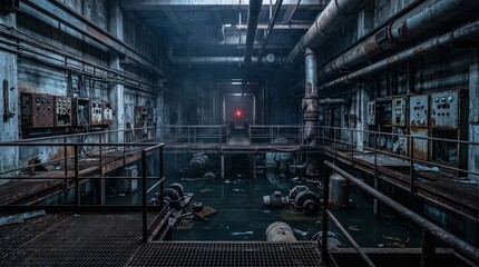 Fototapeta premium Abandoned Underground Mechanical Facility with Flooded Industrial Floor