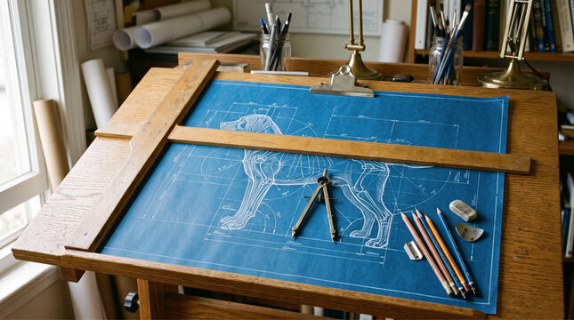 Vintage Drafting Table with Technical Dog Blueprint, Architectural Drawing Board with T-Square for International Dog Day