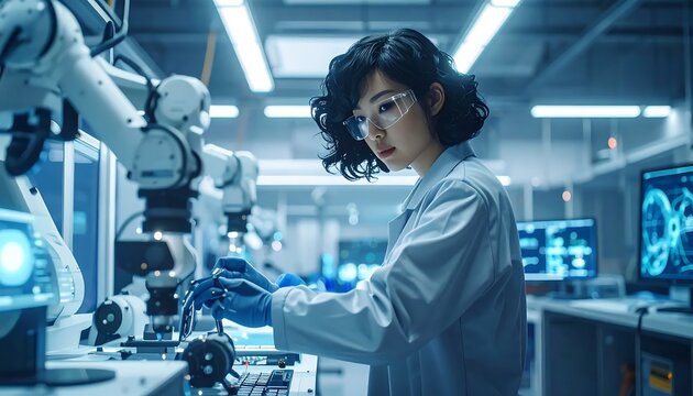 Female scientist analyzing data in futuristic laboratory.