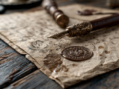 Vintage letter with creases on weathered wood near antique pen and wax seal, lit by amber volumetric rays and cinematic dust, shallow focus with left copy space for history and museum designs.