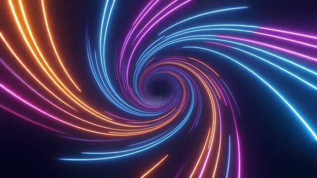 Fly through a futuristic neon spiral tunnel with glowing blue, purple, and orange light lines. Perfect abstract motion graphics and sci-fi background loop.