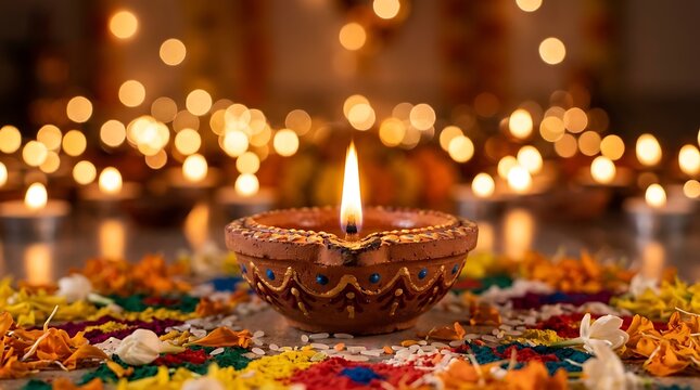 Traditional diya lamp on colorful rangoli with festive bokeh lights