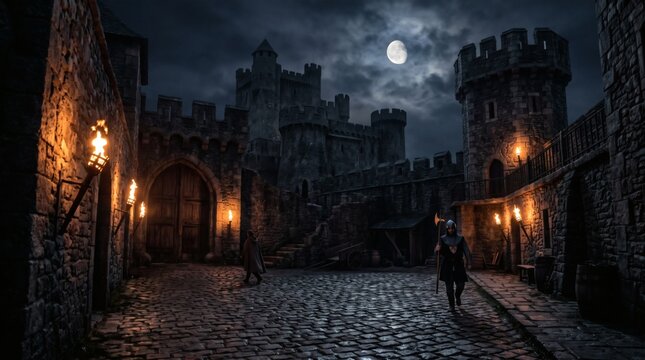 Medieval Castle Courtyard at Night with Moonlit Sky and Torches Illuminating Stone Walls