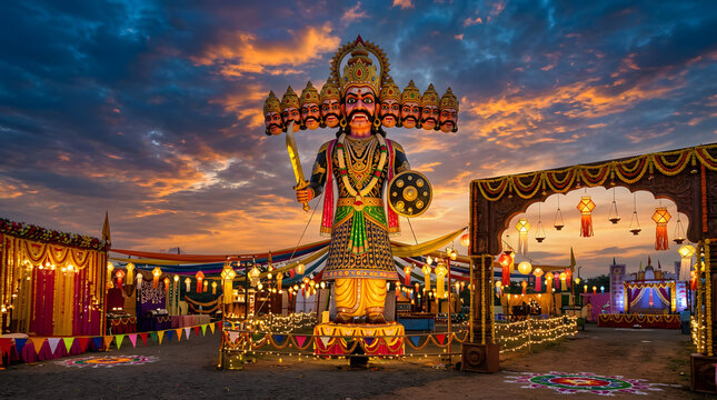 Large Ravana effigy at dusk for Dussehra festival.