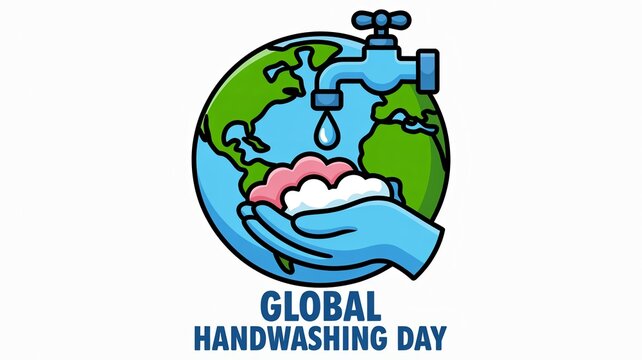 Earth globe illustration featuring a water tap dripping onto a hand washing with soap bubbles for Global Handwashing Day.