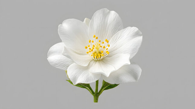 Close-up white jasmine flower with yellow center isolated on gray background for design and decor