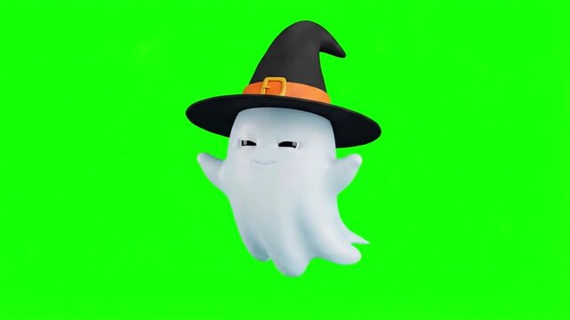 Cute 3D ghost character wearing a witch hat on a green screen background
