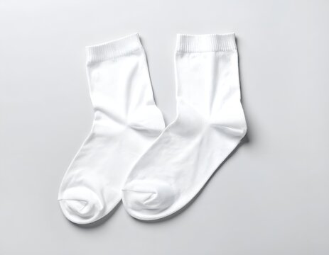 Pair of white crew socks on gray flat lay.
