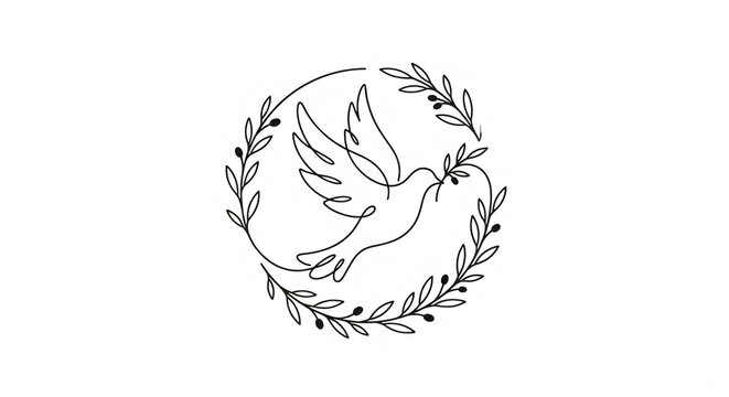 Minimalist continuous line art drawing of a dove with olive branch wreath