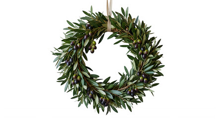 Fototapeta premium Hanging decorative wreath made of fresh green olive branches with branches