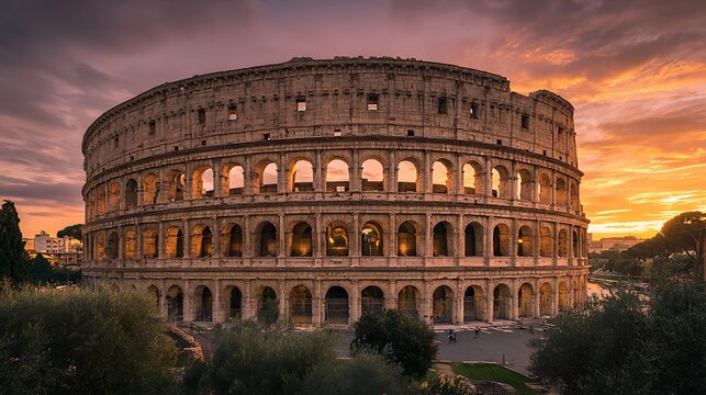 The ancient Roman Colosseum stands under a dramatic golden hour sunset sky. Perfect for travel advertisements and historical documentary themes.