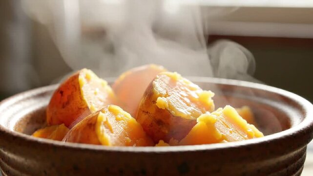 Hot Steamed Sweet Potatoes with Rising Steam in Clay Bowl