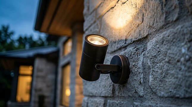 Exterior wall light fixture illuminating a stone facade at night