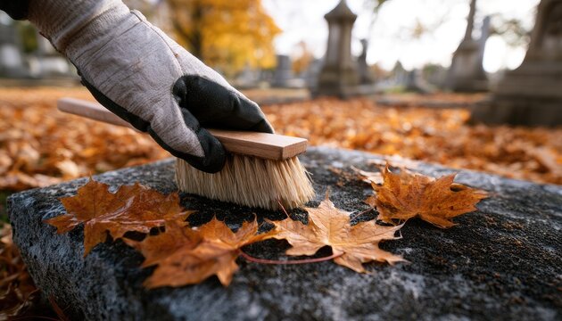 Gloved hand brushes fallen autumn leaves off weathered tombstone
