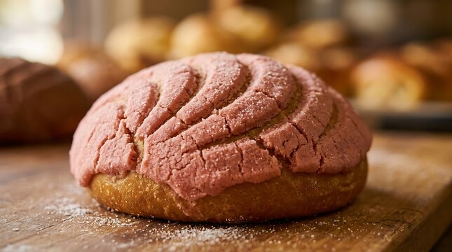 Traditional pink concha mexican sweet bread on a wooden board