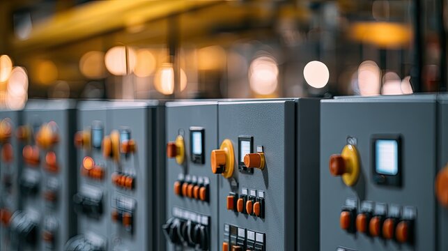 Rows of industrial control panels with illuminated buttons and switches (1)