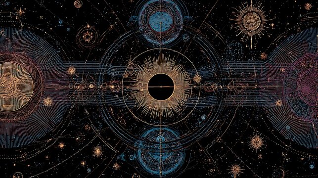 Intricate gold and blue celestial geometric patterns glow against a dark space background. Use this mystical astral design for cosmic spirituality or futuristic tech branding.