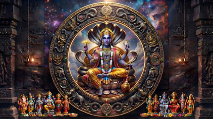 Fototapeta premium Lord Vishnu divine avatar illustration with cosmic background and temple stone carvings