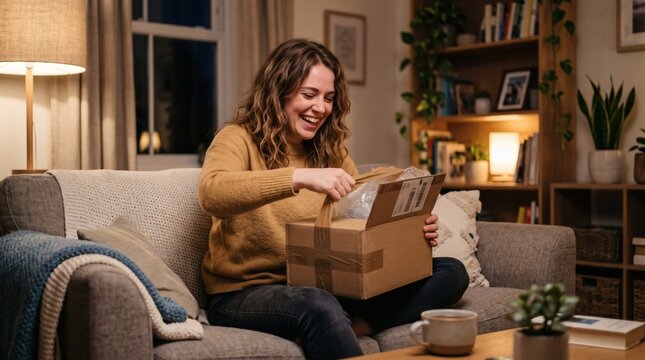 Young Woman Joyfully Unboxing a Package While Sitting on a Cozy Sofa at Home
