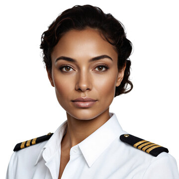 Female pilot captain in white uniform with epaulettes isolated on a transparent background for professional aviation use