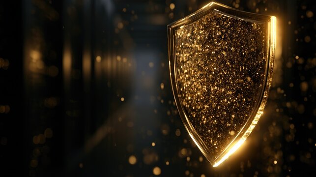 Golden shield with shimmering particles, embodying security, protection, and prestige