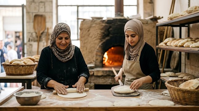 Two women baking traditional flatbread in a rustic wood fired oven