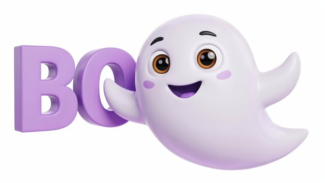 Happy cartoon ghost character with letters background