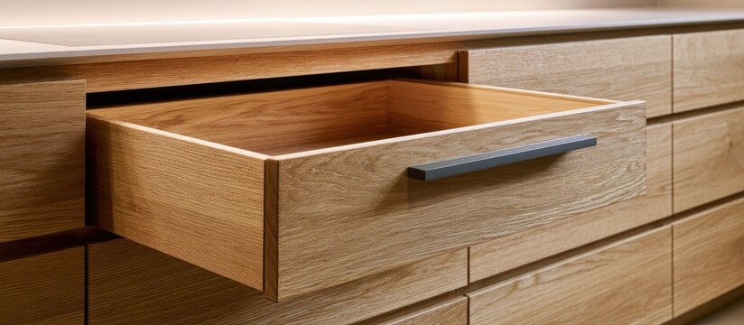 An open wooden drawer with a dark handle on a modern cabinet