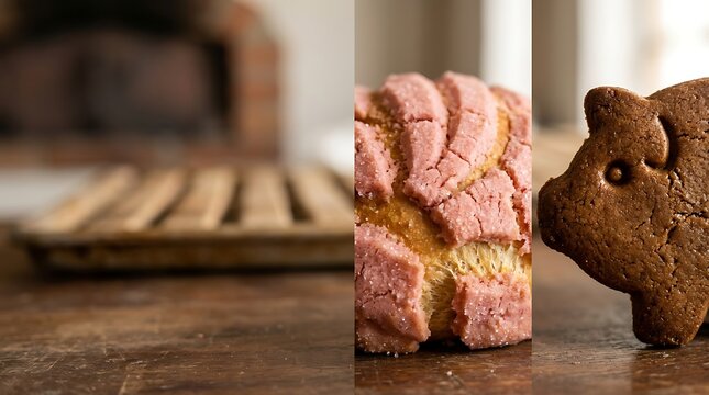 Traditional mexican pan dulce concha and pig shaped cookie collage