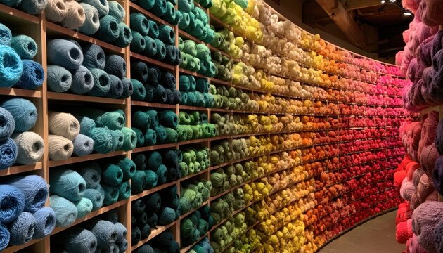 A colorful display of countless yarn skeins arranged in a rainbow spectrum