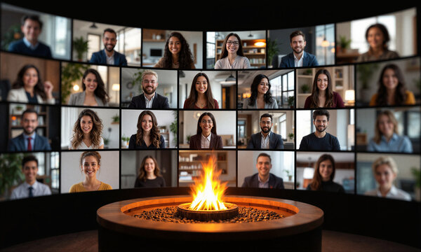 Virtual meeting campfire showing a diverse group of people gathered for digital storytelling and global community