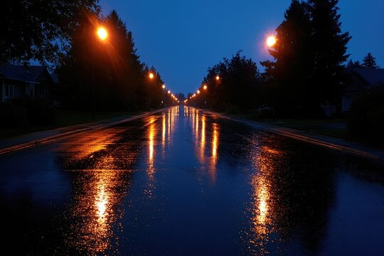 Wet, empty street at twilight illuminated by glowing lamps