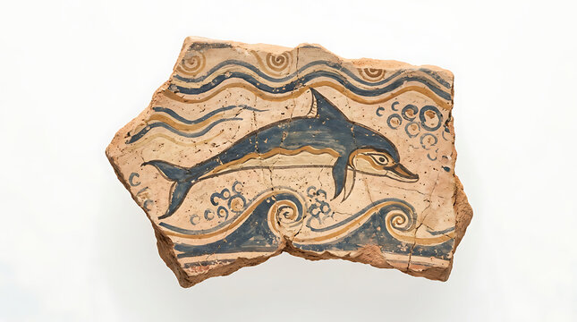 Ancient Greek pottery shard with dolphin illustration isolated on white background