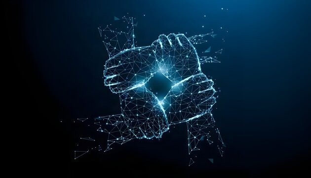 Abstract glowing wireframe hands connected in a circle against a dark background, representing digital unity and teamwork.