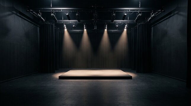 Minimalist Black Box Theater Stage with Dramatic Spotlights