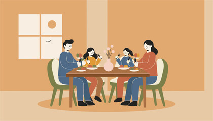Fototapeta premium Happy family of four sitting around dining table together sharing a healthy home cooked meal in cozy dining room.