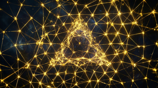 Mesh network triangle geometric pattern glowing against a dark space background representing digital connectivity and advanced computing infrastructure