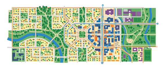 Fototapeta premium Stylized City Map Illustration with Residential, Commercial, and Green Spaces