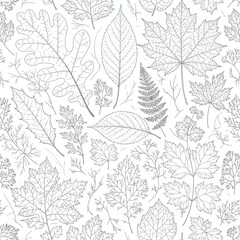 Fototapeta premium Seamless botanical line art pattern with autumn leaves