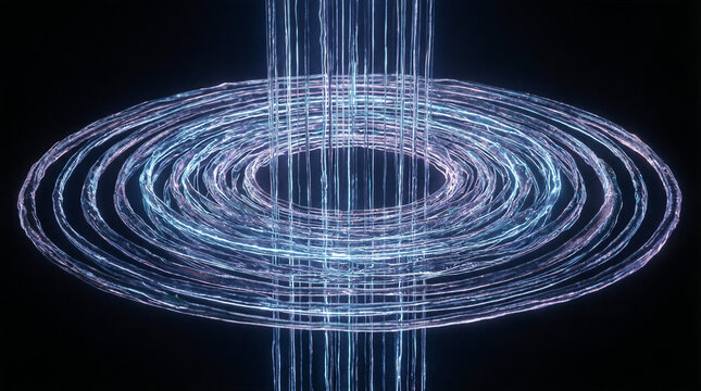 Electricity rings energy abstract glowing concentric circles connected by vertical light strands against a dark background