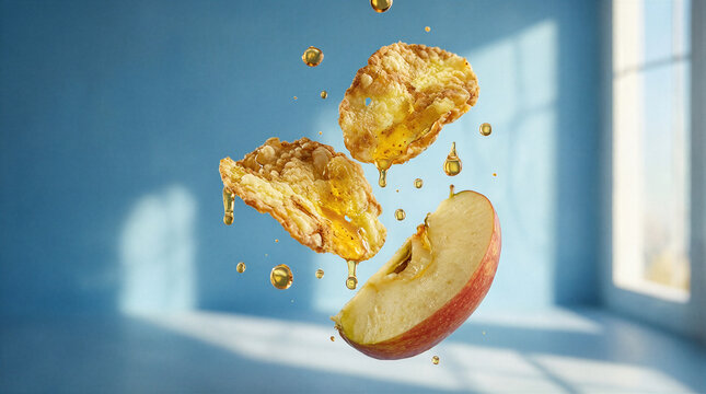 Levitating crisp apple slices with golden honey droplets suspended in a serene room