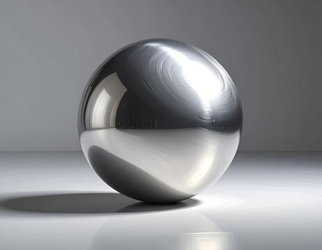 Polished chrome sphere on neutral grey background.